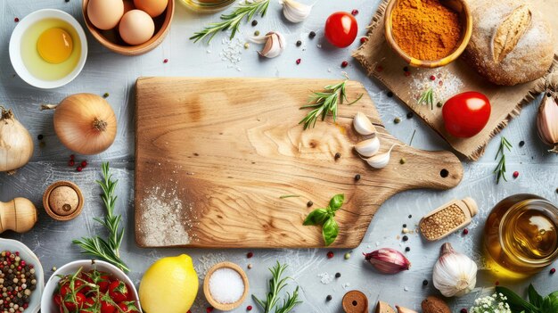 Wooden table with ingredients and utensils
